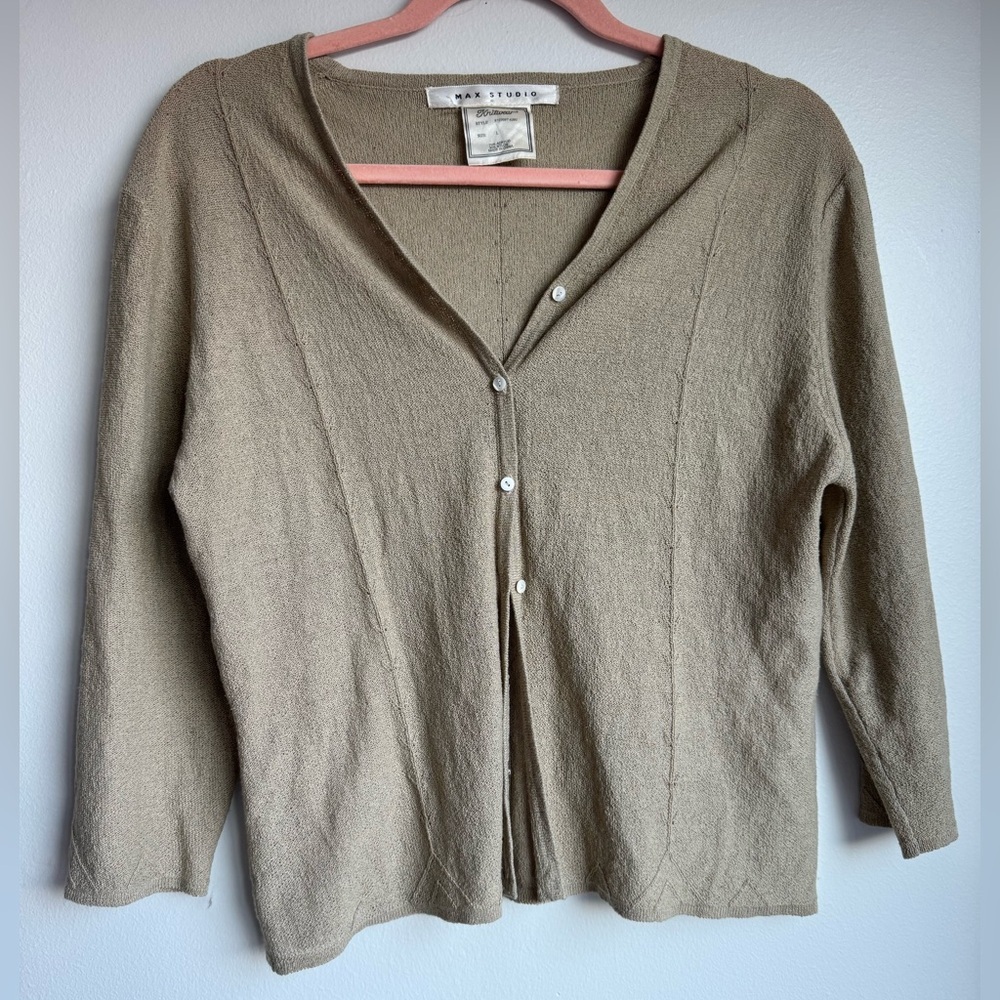Max Studio 90’s Quarter Sleeve Tan, Beige Button-Up Cardigan Size L